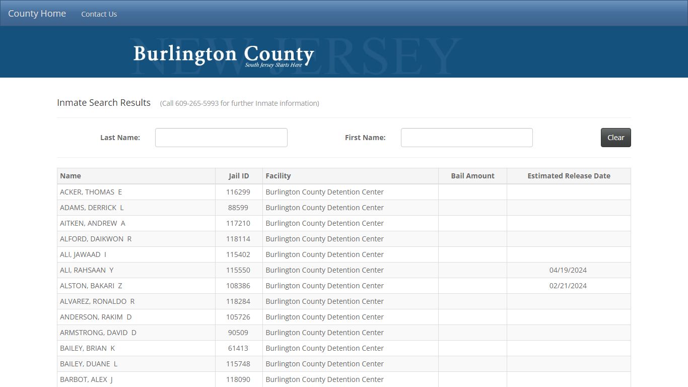 Inmate Search Results - County of Burlington